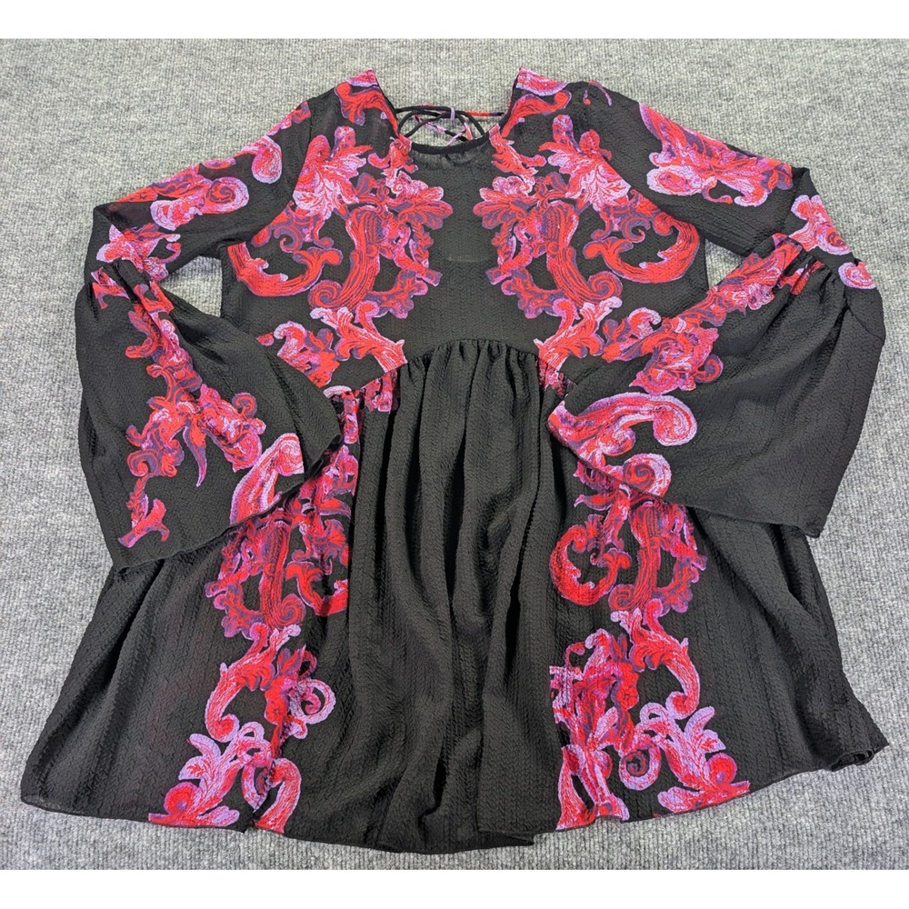 Free People Baroque Print Bell Sleeve Babydoll Sheer Dress Black Pink XS